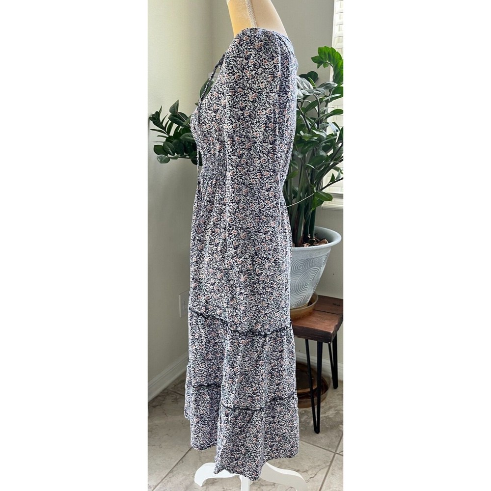 Indigo Rose Floral Midi Dress Long Sleeve Tie Front Layered Elastic Waist Sz S - Picture 4 of 16